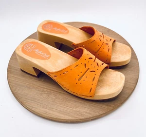 Handmade Wooden Sandals Womens 8 Orange Leather Chunky Heels Italy - Picture 1 of 11