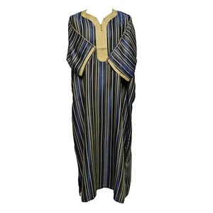 Moroccan Cotton Blend Navy Stripe 3-Quarter Sleeve Thobe Jubba Kandora Dishdasha - Picture 1 of 4