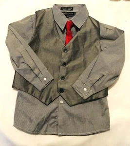 NWT ANDREW FEZZ Boys Black & White Check L/Sl Shirt-Red Tie, and Gray Vest-Sz 5 - Picture 1 of 4