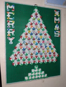 Vintage Plastic Canvas Needlepoint Christmas Tree Wall Art White Yarn Beaded - Picture 1 of 4