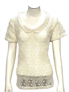 CCC Vintage Cream Lace Short Sleeve Embroidered Pullover Blouse Peter Pan Collar - Picture 1 of 8