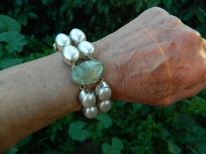 Bold Mossy Green Serpentine Cabochon Faux Pearl Silver Bracelet 6"-8" - Picture 1 of 4