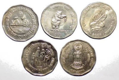 1993 -2003 INDIA REPUBLIC 2 RUPEE 5 COMMEMORATIVE COPPER-NICKLE RARECOINS LOT #2 - Image 1 of 2