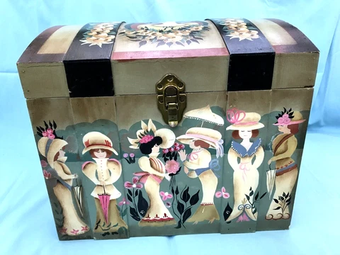 Vintage Wood Treasure Storage Chest Box 14x12x12 Americana Hand-Painted Folk Art Cover