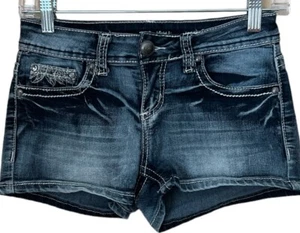 ZCO Jeans Blue Denim Bling Hemmed Shorts Daisy Dukes Thick Stitch Size -3 - Picture 1 of 10