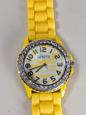 Geneva Yellow  zebra dial wth yellow case & yellow band with stones in the bezel - Image 1 of 4