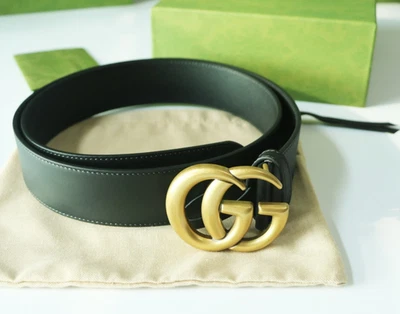 CINTURÓN GUCCI GG CLÁSICO HEBILLA DORADA CINTURÓN CUERO NEGRO TALLA 100 Foto 1 de 3