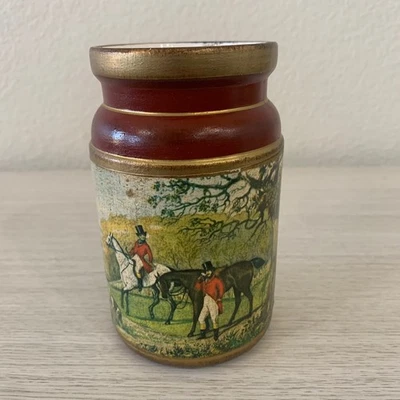 Tarro contenedor vintage hecho en Italia escena de caza borde dorado rojo ecuestre Foto 1 de 4
