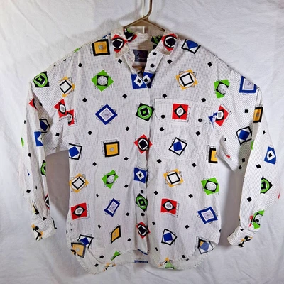 Vintage 80s Liz Claiborne Shirt Colorful Geo Geometric Allover Print Retro POP - Image 1 of 4