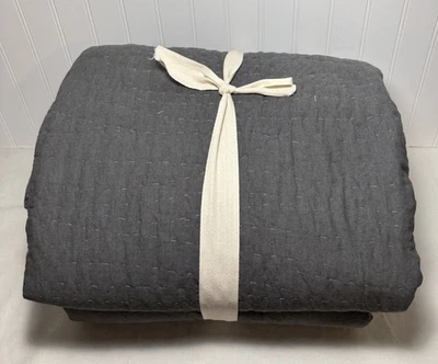 Pottery Barn Belgian Flax Linen Hand Stitched Quilt ~ Queen ~ Charcoal ~ Read - Image 1 of 4