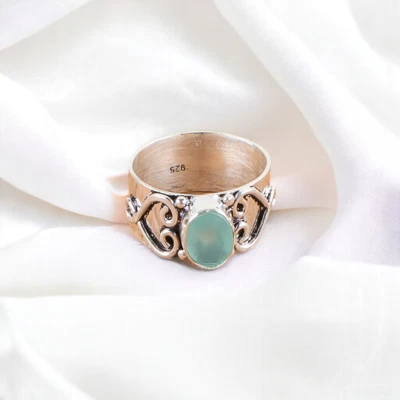 Anel feminino de pedra preciosa natural calcedônia aquática prata esterlina 925 fofo presente - Imagem 1 de 4