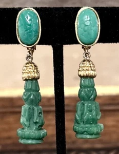 VTG Chinese Hand Carved GLASS Faux JADE Dangle EARRINGS CLIP ON - Picture 1 of 9