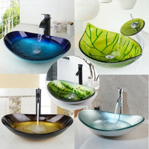 US Bathroom Tempered Glass Vessel Sink Deck Mount Wash Bowl Faucet Mixer Tap Set - Bild 1 von 80
