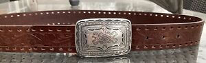 Cole Haan Western Style Tooled Leather Belt Silver Embossed Buckle Brown Size 36