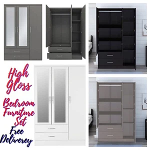 Juego de Muebles de Dormitorio 3 Puertas 2 Cajones Espejo Armario Alto Brillo Blanco Gris - Imagen 1 de 9