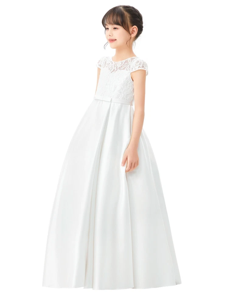 Floral Lace Flower Girl Dress Ivory Tulle Dress White Lace Dress with Sleeves - Image 1 of 1