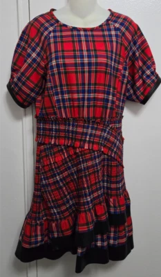Tanya Taylor Red Scottish? Plaid Dress Sz 10 Leather Trim Elastic Stretch Tiered - Image 1 of 4