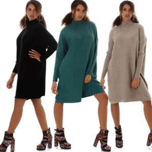 Damen Oversize Pullover Longpulli Pulloverkleid Feinstrick Rundhals Stehkragen - Bild 1 von 25