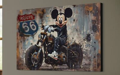 Wandbilder XXL Micky Maus Cartoon Vintage Leinwand-Bild Motorrad Route 66 Biker - Bild 1 von 2