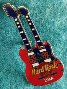 RARE LIMA PERU GRAND OPENING DOUBLE NECK RED VERTICAL GUITAR Hard Rock Cafe PIN - Imagen 1 de 1