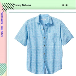 $128 Tommy Bahama Coconut Point Fleur De Geo Camp Shirt, Chambray Blue, S/P - Picture 1 of 2