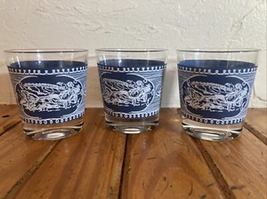 Vintage Currier & Ives Blue and White 6oz Old Fashion Rock Glasses – set (3) - Picture 1 of 6