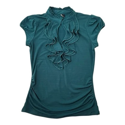 Heartsoul Women’s Sz L Green Ruffle Front Cap Sleeve Ruched Stretch Blouse EUC - Image 1 of 4