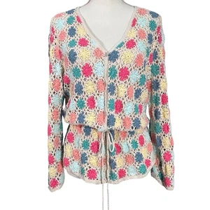 David Brooks Crocheted Cardigan Colorful Floral Women’s Large Boho Retro Y2K - Picture 1 of 12