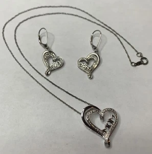 Sterling Silber Schwebendes Herz Passende Halskette Ohrringe MOM Schmuckset 925 7g - Bild 1 von 12