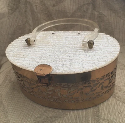 Vintage Goldtone Metal Filigree Metal With Glitter Lucite Lid Box Purse-1950s! - Image 1 of 4