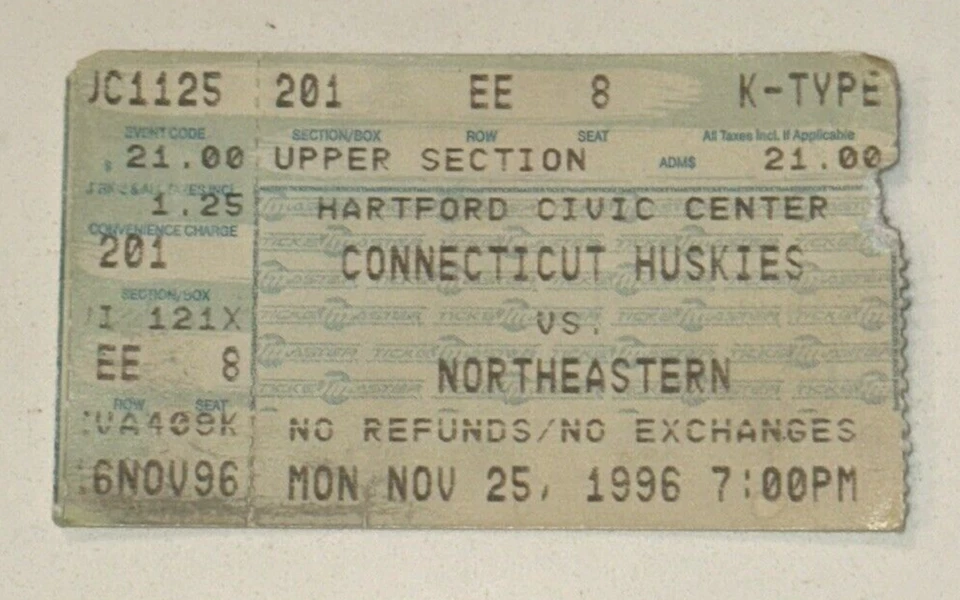 Boleto de baloncesto Uconn Northeastern NCAA talón 25/11/96 Rip Hamilton estudiante de primer año Foto 1 de 2