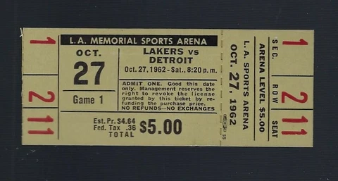 DAVE DEBUSSCHERE DEBUT SEASON 1962 NBA PISTONS @ LOS ANGELES LAKERS FULL TICKET Cover