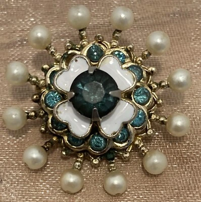 Broche Vintage Coro Imitación Perla Azul Estrás Blanco Esmalte Starburst Foto 1 de 4