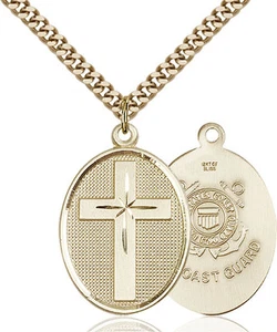 Men's 14K Gold Filled Cross Coast Guard Military Soldier Catholic Medal Necklace - Picture 1 of 1