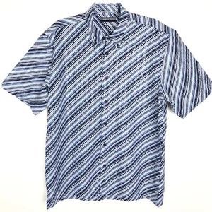 ANDREW FEZZA Mens Short Sleeve Button Shirt Blue White Stripe Textured Sz XL EUC - Picture 1 of 6