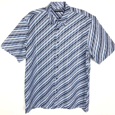 ANDREW FEZZA Mens Short Sleeve Button Shirt Blue White Stripe Textured Sz XL EUC - Image 1 of 4