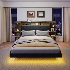 Floating Queen Bed Frame with LED Light & Bookcase Headboard, Easy Assembly - Picture 1 of 12