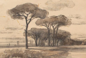 Küstenlandschaft Bäume Meer Italienisch Aquarell um 1860 - Bild 1 von 5