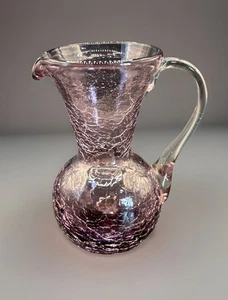 Vintage MCM Purple Amethyst Crackle Glass Petite Pitcher Applied Handle 3. 5" - Picture 1 of 10