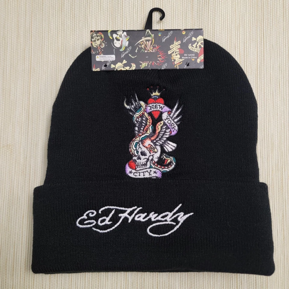 ED HARDY 2-Pack Beanie Hats Skull New York City Graphic Logo Black White Knit - Image 1 of 4