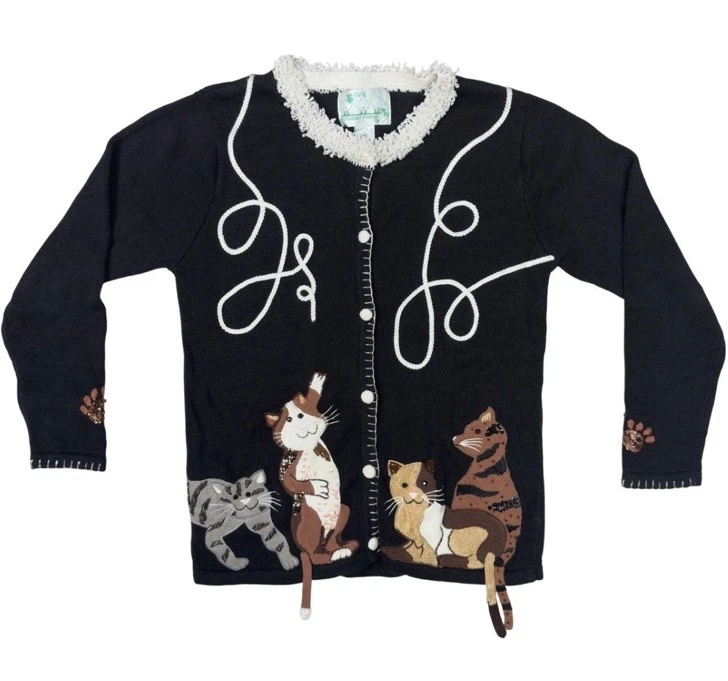 Quaker Factory Women’s Cat Cardigan SZ 2X Black Embroidered Cat Lover Sweater - Image 1 of 4