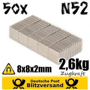 50x Aimant Néodyme Cuboïde 8x8x2mm N52 - Magnet Aimants Magique Magnetset - Picture 1 of 2