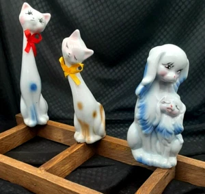 Lot 3 Vintage Long Neck Cat Kitty MCM Kitsch + Blue Dog & puppy long lashes - Picture 1 of 8