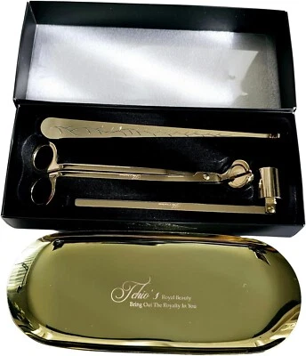 Juego de Cuidado de Velas - Recortadora de Mecha Dorada de 4 Piezas, Apagador, Cucharón + Bandeja en Caja de Regalo Foto 1 de 4