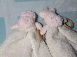 Mud Pie Lovey Wood Ring Zebra Hippo SAFARI WOOBIE Security Blanket Set Of 2 - Picture 1 of 12