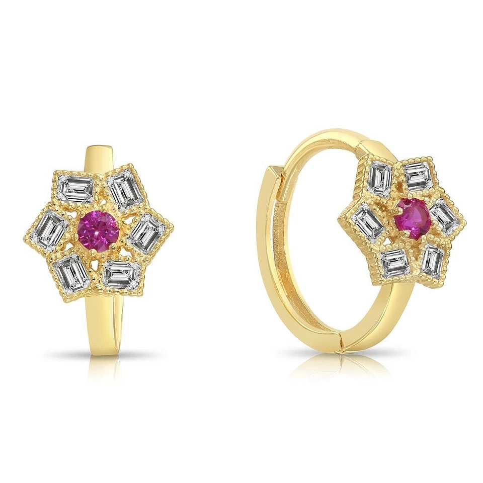14K Solid Yellow Gold Dainty Ruby CZ Flower Huggie Hoop Earrings Small 12.5MM - Image 1 of 4