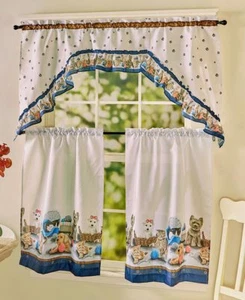 3 Piece Precious Pets Curtain Set Playful Dogs Puppies Cats Paws Swag Panels Set - Picture 1 of 4