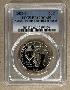 2022-S NATIONAL PURPLE HEART HALL OF HONOR HALF DOLLAR COIN PCGS PR69DCAM - Picture 1 of 2