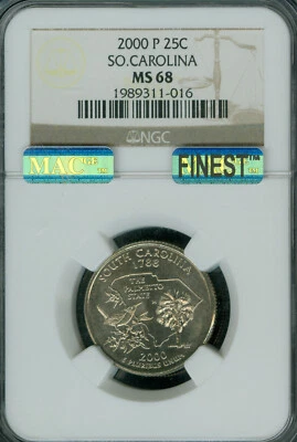 2000 P SOUTH CAROLINA QUARTER NGC MS68 PQ MAC FINEST REGISTRY MAC SPOTLESS  . - Image 1 of 2