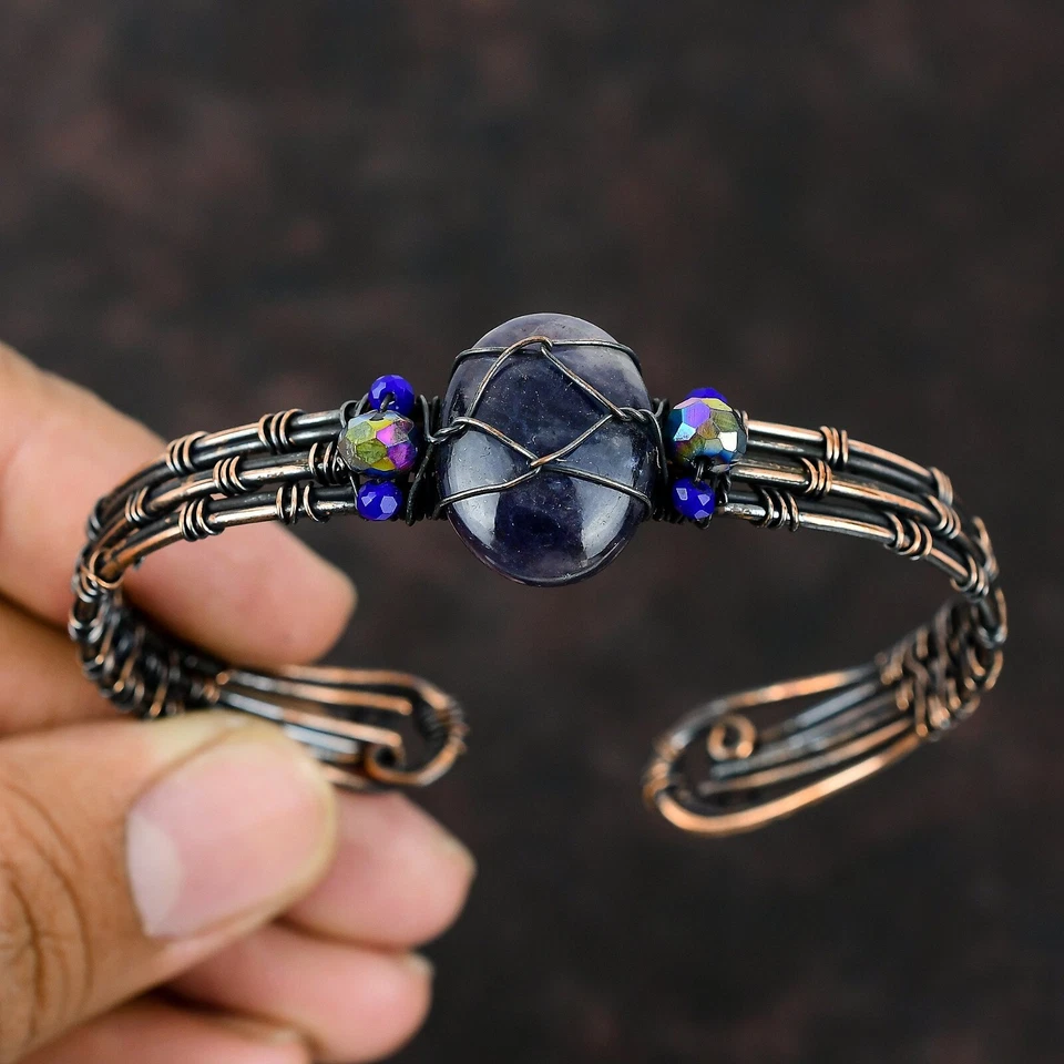 Brazalete ajustable envuelto en alambre de regalo para mamá cobre piedras preciosas piedras solares de iolita Foto 1 de 4